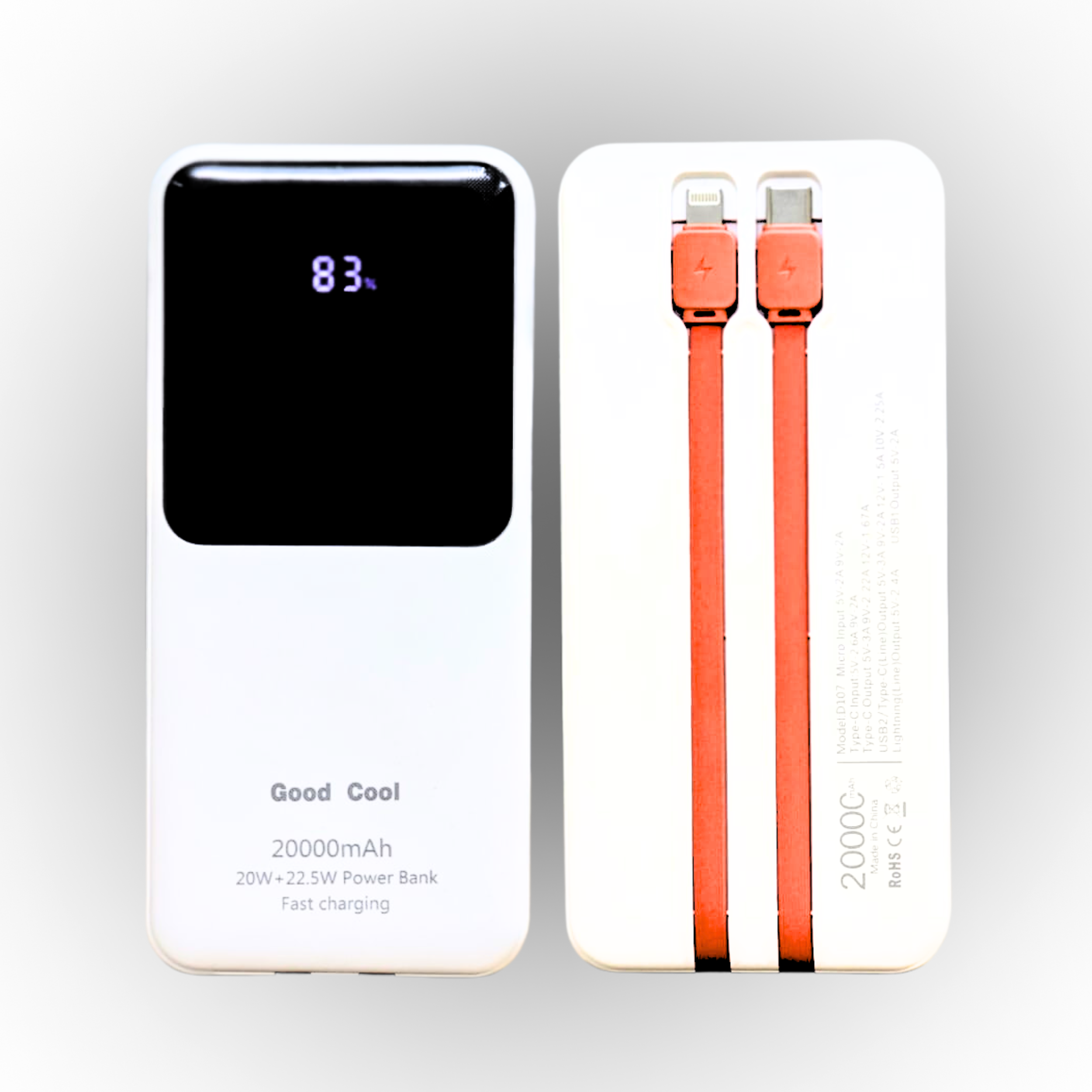 Good Cool Portable Fast Charging 20,000mAh Minimalistic Power Bank with Cable - LED Power Display.